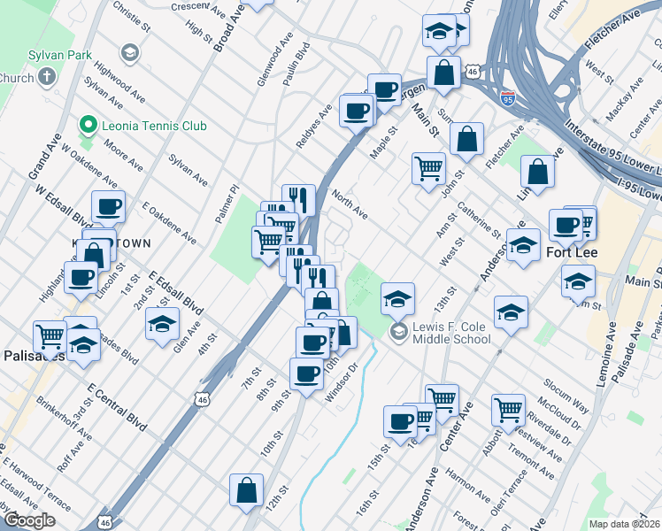 map of restaurants, bars, coffee shops, grocery stores, and more near 1470 Bergen Boulevard in Fort Lee