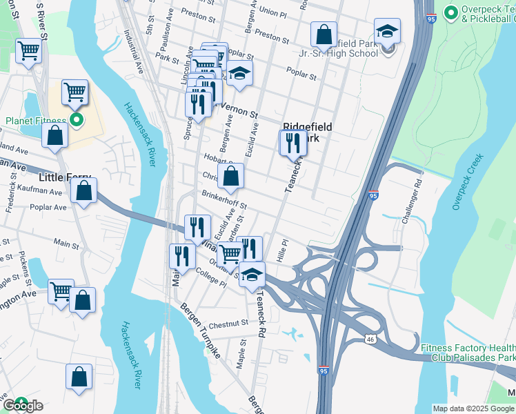 map of restaurants, bars, coffee shops, grocery stores, and more near 115 Laurel Street in Ridgefield Park