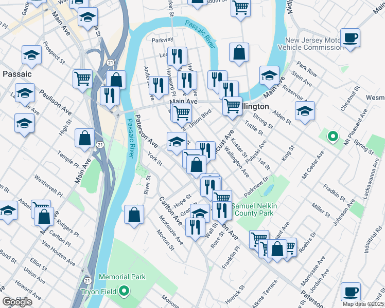 map of restaurants, bars, coffee shops, grocery stores, and more near 131 Paterson Avenue in Wallington