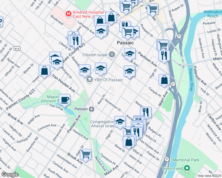 map of restaurants, bars, coffee shops, grocery stores, and more near 245 Passaic Avenue in Passaic