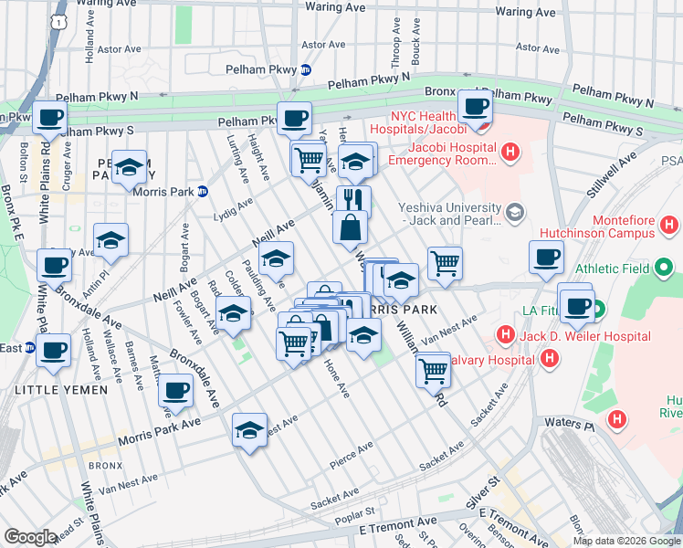 map of restaurants, bars, coffee shops, grocery stores, and more near 1854 Haight Avenue in Bronx