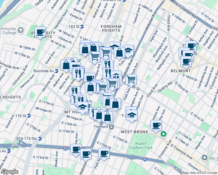 map of restaurants, bars, coffee shops, grocery stores, and more near 2050 Valentine Avenue in Bronx