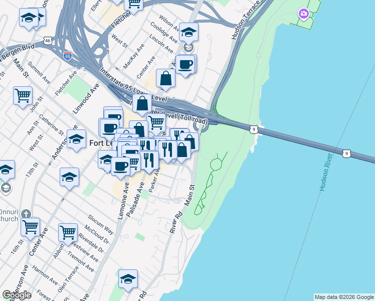 map of restaurants, bars, coffee shops, grocery stores, and more near 100 Central Avenue in Fort Lee