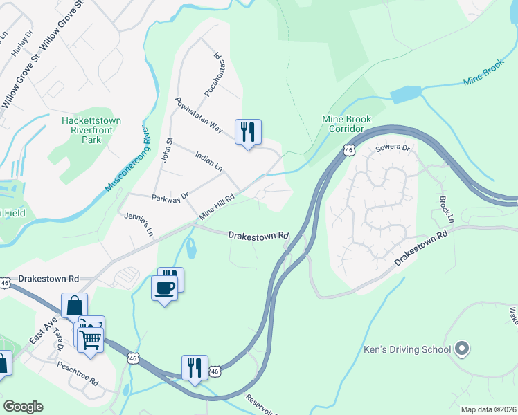 map of restaurants, bars, coffee shops, grocery stores, and more near 50 Drakestown Road in Hackettstown