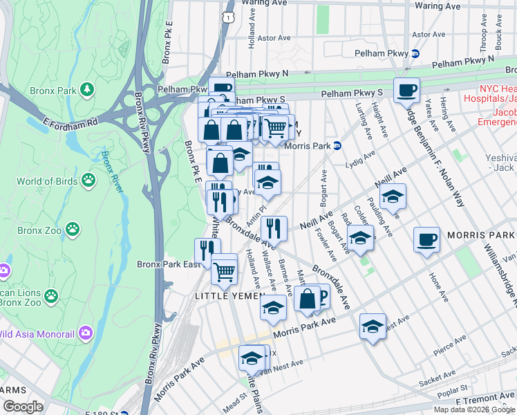 map of restaurants, bars, coffee shops, grocery stores, and more near 2030 Antin Place in The Bronx