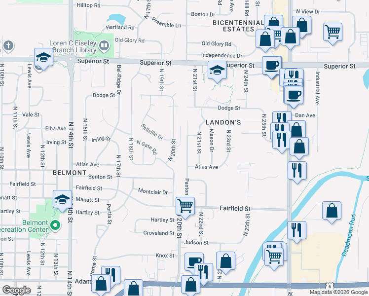 map of restaurants, bars, coffee shops, grocery stores, and more near 3931 Paxton Drive in Lincoln