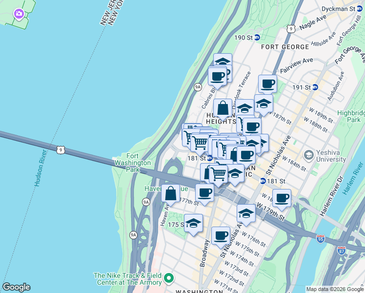 map of restaurants, bars, coffee shops, grocery stores, and more near 867 West 181st Street in New York