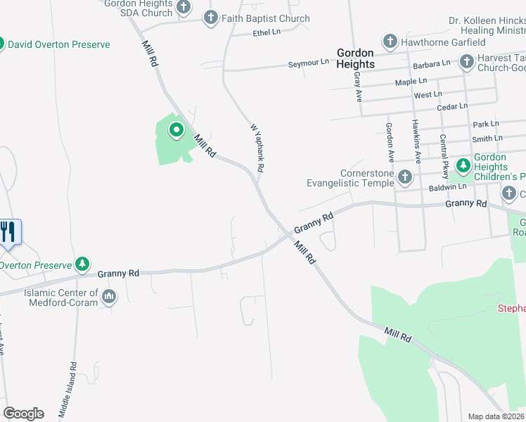 map of restaurants, bars, coffee shops, grocery stores, and more near 48 Mill Road in Yaphank
