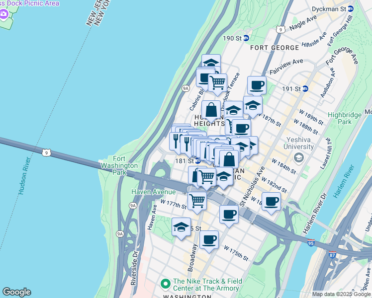 map of restaurants, bars, coffee shops, grocery stores, and more near 92 Pinehurst Avenue in New York