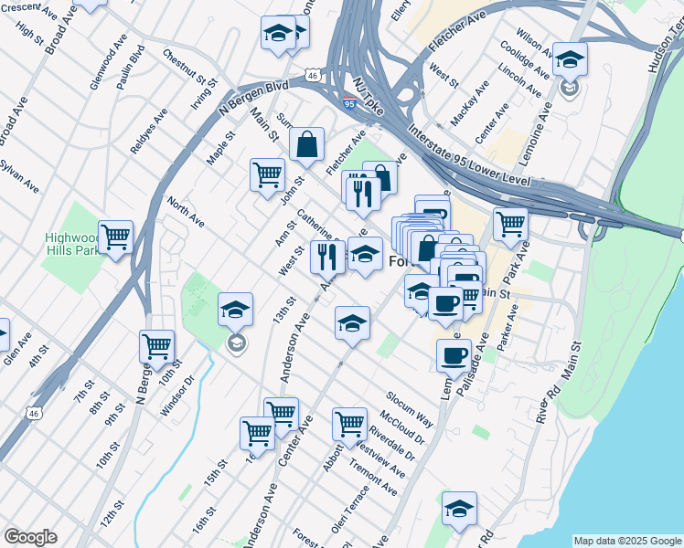 map of restaurants, bars, coffee shops, grocery stores, and more near 1590 Anderson Avenue in Fort Lee
