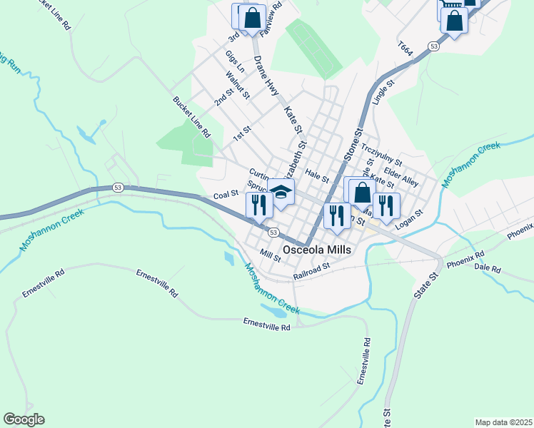 map of restaurants, bars, coffee shops, grocery stores, and more near 602 Elizabeth Street in Osceola Mills