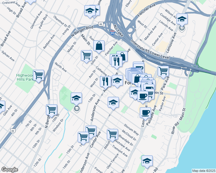 map of restaurants, bars, coffee shops, grocery stores, and more near 1590 Anderson Avenue in Fort Lee