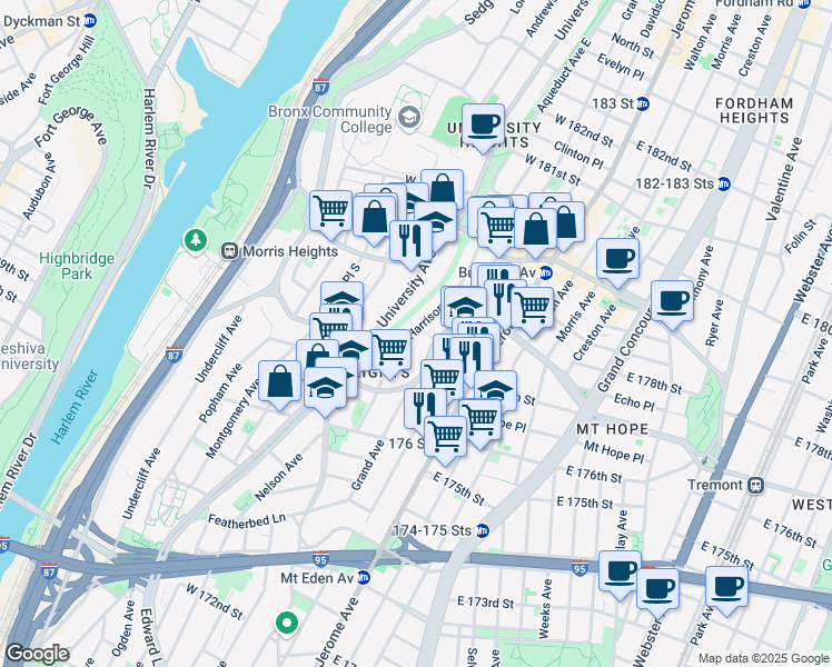 map of restaurants, bars, coffee shops, grocery stores, and more near 1864 Harrison Avenue in The Bronx