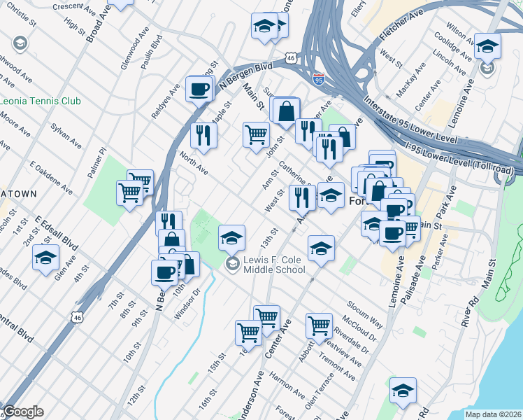 map of restaurants, bars, coffee shops, grocery stores, and more near 1546 12th Street in Fort Lee