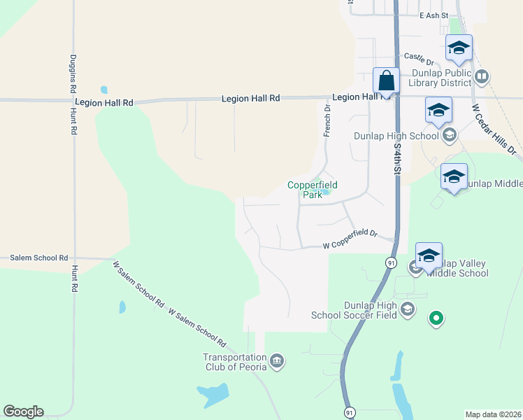 map of restaurants, bars, coffee shops, grocery stores, and more near 616 Copper Ridge Court in Dunlap