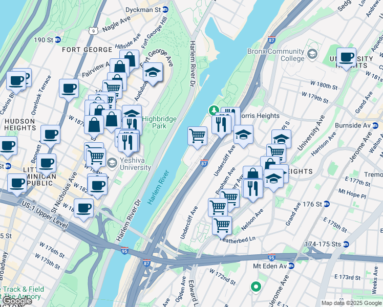 map of restaurants, bars, coffee shops, grocery stores, and more near 10 Richman Plaza in The Bronx