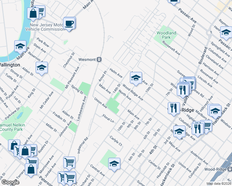 map of restaurants, bars, coffee shops, grocery stores, and more near 139 12th Street in Wood-Ridge