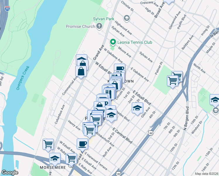 map of restaurants, bars, coffee shops, grocery stores, and more near 17A West Washington Place in Palisades Park