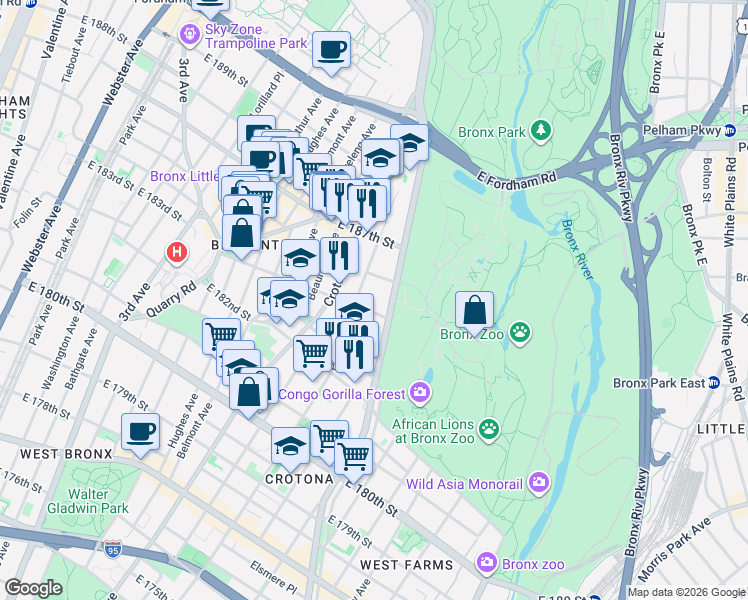 map of restaurants, bars, coffee shops, grocery stores, and more near 794 East 183rd Street in The Bronx