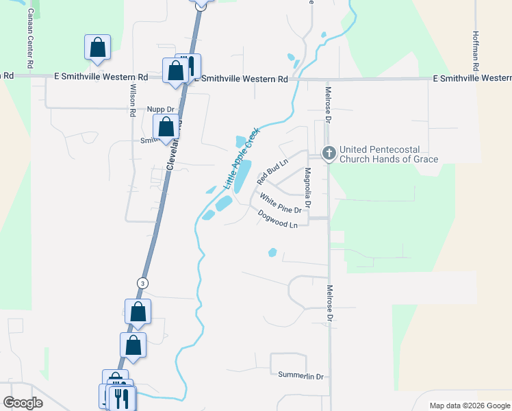 map of restaurants, bars, coffee shops, grocery stores, and more near Red Bud Lane in Wooster