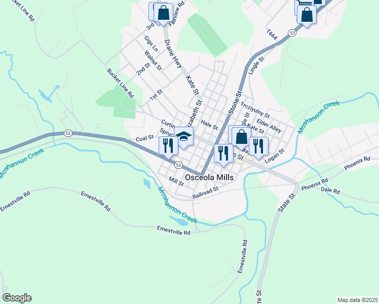 map of restaurants, bars, coffee shops, grocery stores, and more near 400 Coal Street in Osceola Mills