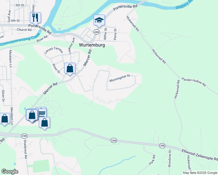 map of restaurants, bars, coffee shops, grocery stores, and more near 621 Morningstar Drive in Ellwood City
