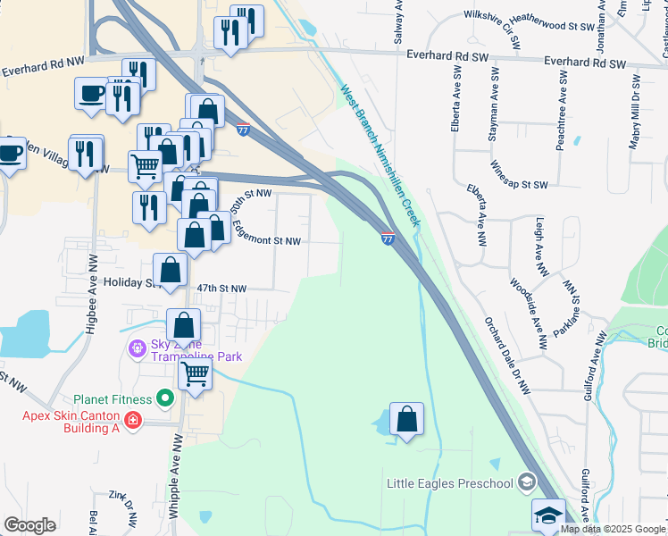 map of restaurants, bars, coffee shops, grocery stores, and more near 4731 Raymar Avenue Northwest in Canton