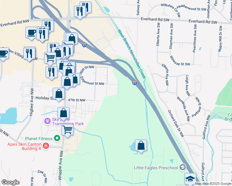 map of restaurants, bars, coffee shops, grocery stores, and more near 4731 Raymar Avenue Northwest in Canton
