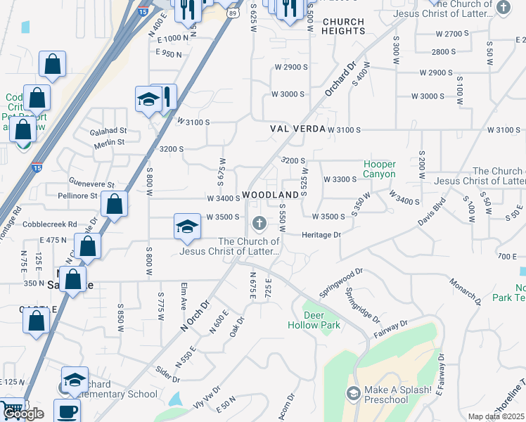 map of restaurants, bars, coffee shops, grocery stores, and more near 3599 Orchard Drive in Bountiful