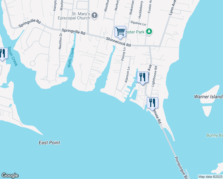 map of restaurants, bars, coffee shops, grocery stores, and more near 42 Penny Lane in Hampton Bays