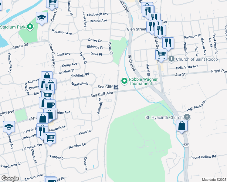 map of restaurants, bars, coffee shops, grocery stores, and more near 65 Sea Cliff Avenue in Glen Cove