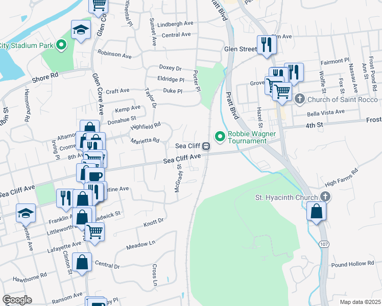 map of restaurants, bars, coffee shops, grocery stores, and more near 85 Sea Cliff Avenue in Glen Cove