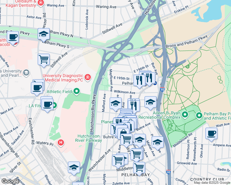 map of restaurants, bars, coffee shops, grocery stores, and more near in The Bronx