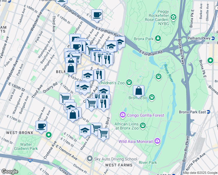 map of restaurants, bars, coffee shops, grocery stores, and more near 794 East 183rd Street in The Bronx