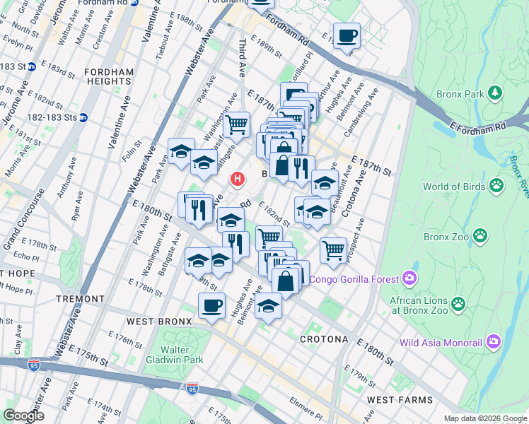 map of restaurants, bars, coffee shops, grocery stores, and more near 625 Oak Tree Place in Bronx