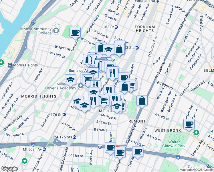 map of restaurants, bars, coffee shops, grocery stores, and more near in The Bronx