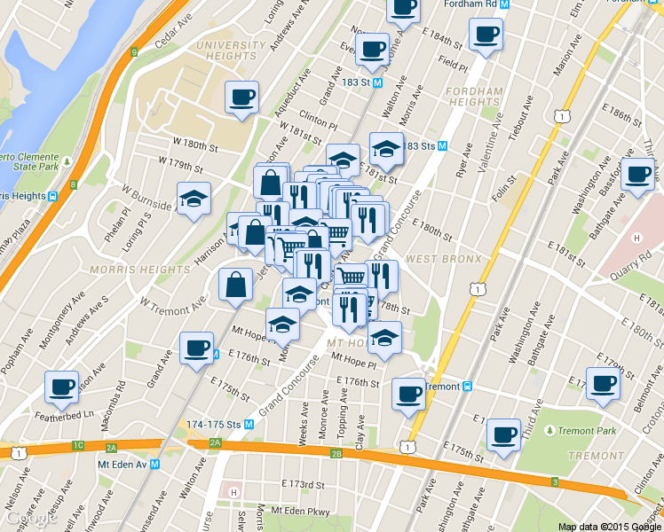 map of restaurants, bars, coffee shops, grocery stores, and more near 1985 Creston Avenue in Bronx