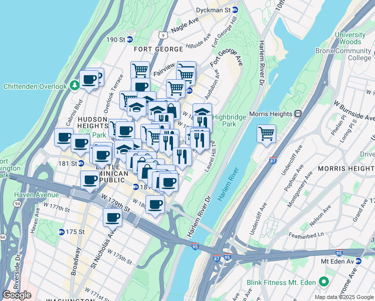 map of restaurants, bars, coffee shops, grocery stores, and more near 2520 Amsterdam Avenue in New York