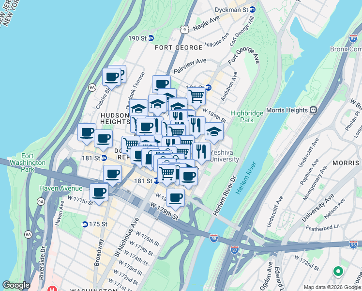 map of restaurants, bars, coffee shops, grocery stores, and more near in New York