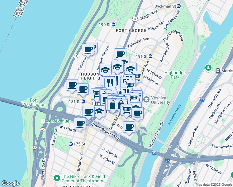 map of restaurants, bars, coffee shops, grocery stores, and more near in New York