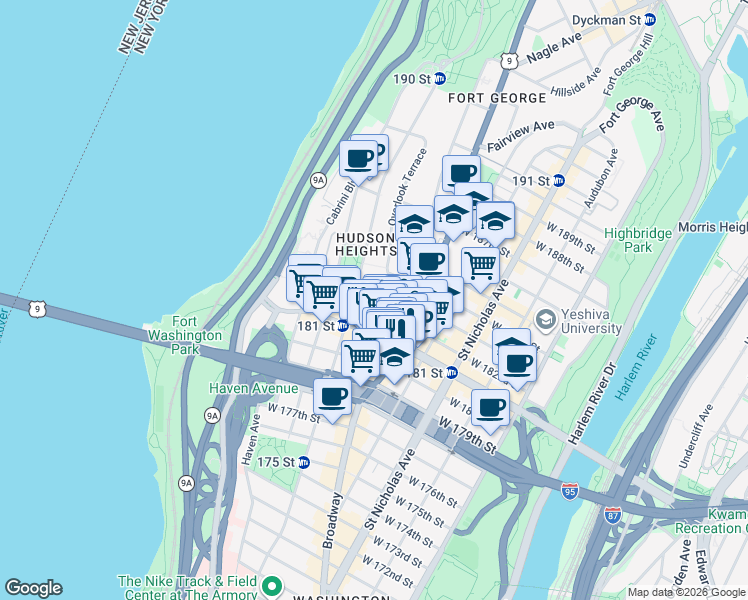 map of restaurants, bars, coffee shops, grocery stores, and more near 728 West 181st Street in New York