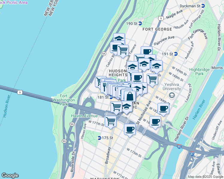 map of restaurants, bars, coffee shops, grocery stores, and more near 481 Fort Washington Avenue in New York