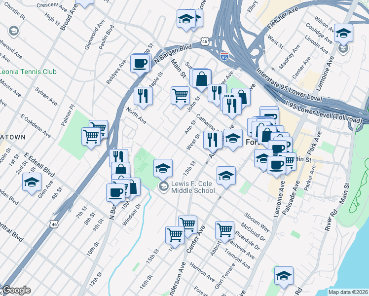 map of restaurants, bars, coffee shops, grocery stores, and more near 1546 12th Street in Fort Lee