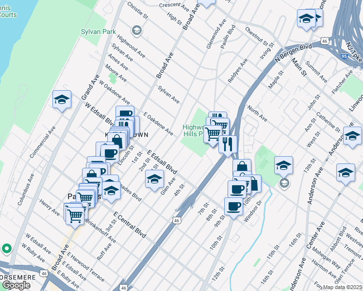 map of restaurants, bars, coffee shops, grocery stores, and more near 521 Roff Avenue in Palisades Park