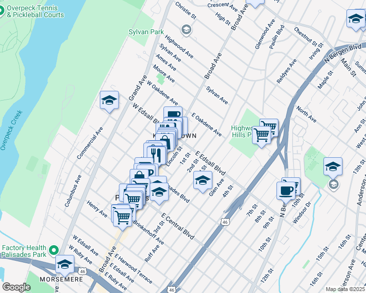 map of restaurants, bars, coffee shops, grocery stores, and more near 466 1st Street in Palisades Park