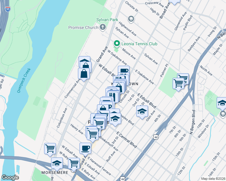 map of restaurants, bars, coffee shops, grocery stores, and more near 17A West Washington Place in Palisades Park