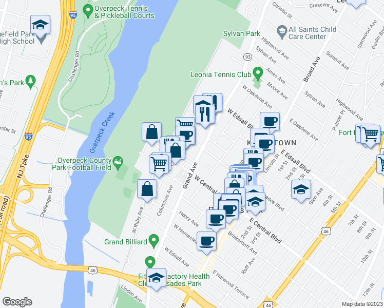map of restaurants, bars, coffee shops, grocery stores, and more near 312 New Jersey 93 in Palisades Park