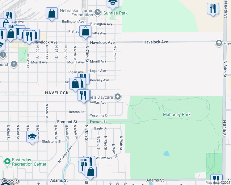 map of restaurants, bars, coffee shops, grocery stores, and more near 7240 Colfax Avenue in Lincoln