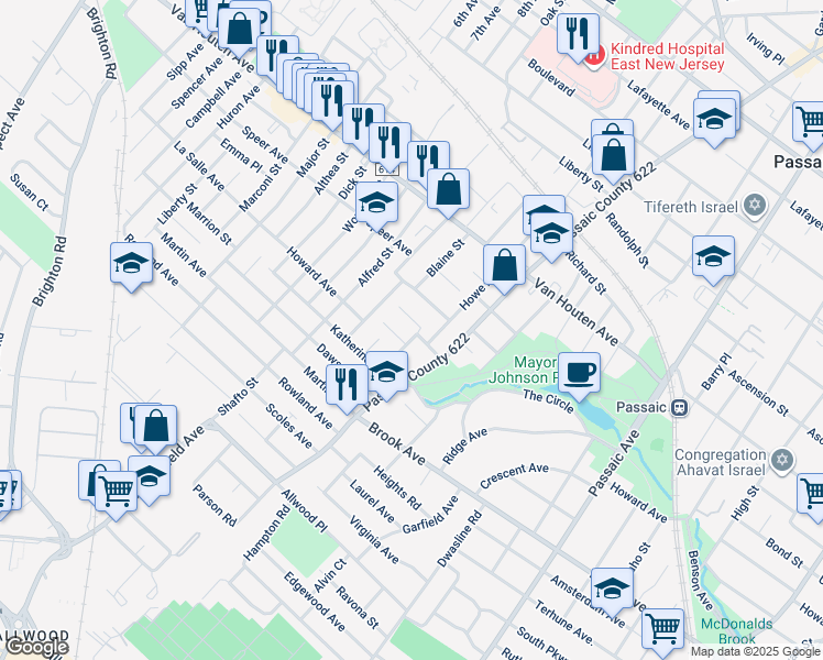 map of restaurants, bars, coffee shops, grocery stores, and more near 11 Parkview Place in Passaic
