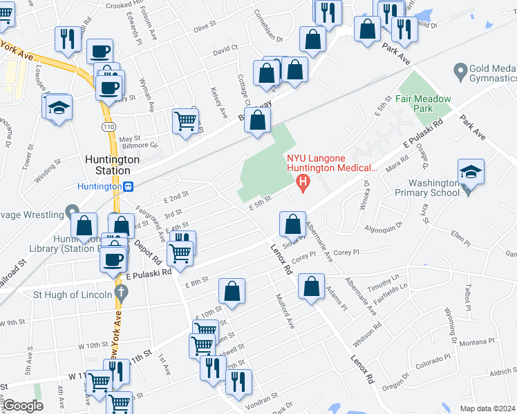 map of restaurants, bars, coffee shops, grocery stores, and more near 71 East 5th Street in Huntington Station